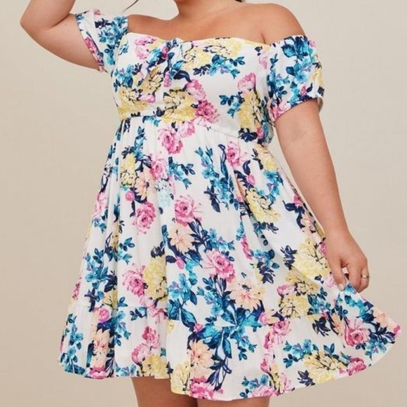 Torrid Mini Gauze Puff Sleeve Skater Dress White Floral - Picture 2 of 11